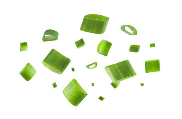 Chopped green onion. Fresh slices flying on white background