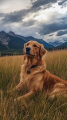 Obraz premium Golden Retriever Resting in Meadow with Mountain View under Cloudy Sky