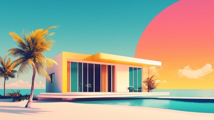 Obraz premium Modern minimalist beach house with swimming pool at sunset
