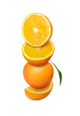 Fresh juicy oranges with green leaf falling on white background