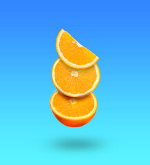 Fresh orange pieces falling on blue gradient background