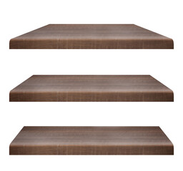 Empty wooden shelves isolated on white, set