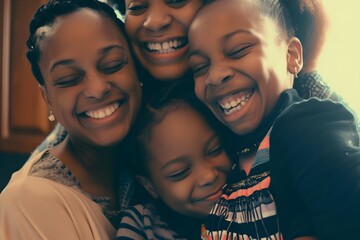 A woman and three children are hugging each other