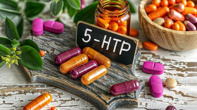 5-HTP capsules supplements on the table. Selective focus. supplement