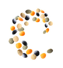 Different types of lentils flying on white background