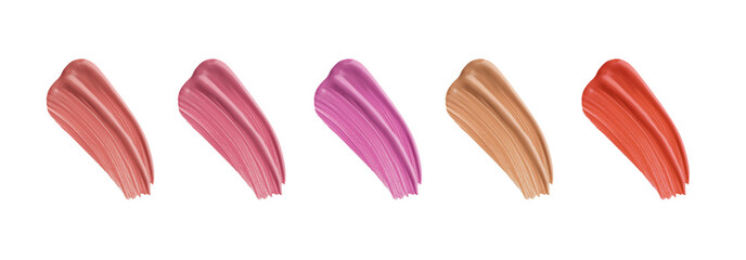 Liquid lipstick swatches in different shades on white background, top view. Set of samples