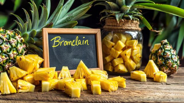 Bromelain in pineapple capsules supplements on the table. Selective focus. food.
