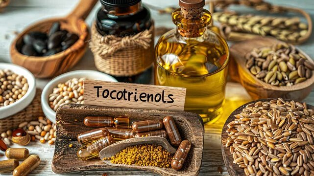 Tocotrienol capsules supplements on the table. Selective focus. nature.