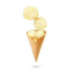 Ice cream scoops and waffle cone in air on white background