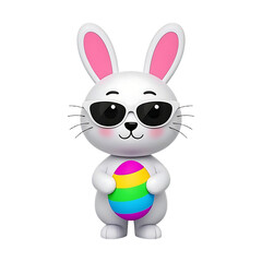 A cartoon bunny with sunglasses holding a colorful easter egg against a black background in a studio shot