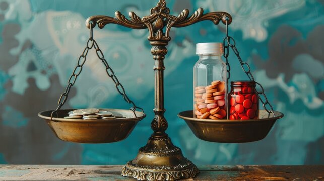 scales on a wooden table, pills on one bowl, money on the other, the concept of high drug prices, blue background