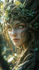 Enchanted forest spirit: mystical nature-inspired fantasy portrait of a forest nymph with luminous eyes