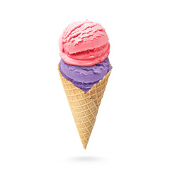 Yummy ice cream served in waffle cone in air on white background