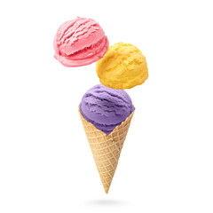 Ice cream scoops and waffle cone in air on white background