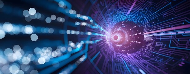 Quantum Leap: An eye-level shot delves into an abstract digital realm with glowing lines converging towards a central point, hinting at the potential of the digital world. 