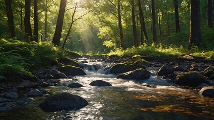 Obraz premium A serene forest scene with a gentle stream flowing through lush greenery, illuminated by warm sunlight filtering through the trees.