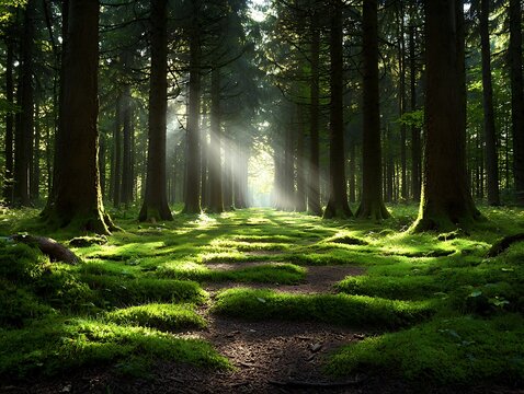 Sunbeams in Mossy Forest Path.