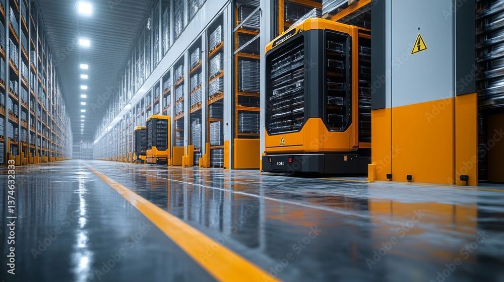 Poster advanced automated systems operate in the expansive warehouse, efficiently managing logistics, inven