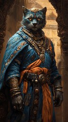Majestic warrior cat in ornate robes and jewelry amidst ancient temple architecture