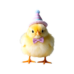 A fluffy yellow chick wearing a party hat and a bow tie stands against a black background looking forward