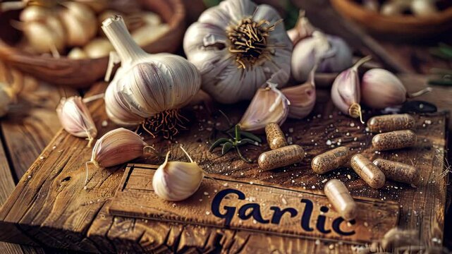 Garlic plant and supplement capsules. Selective focus. food.