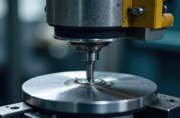 Manufacturing metal parts on a CNC milling machine with a closeup drill and manufacturing in the background