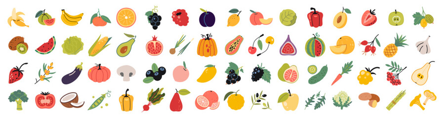 Big set with Fruits, vegetables and berries. Healthy eating and fresh food. Trendy modern vector illustration isolated on white background, hand drawn, flat design