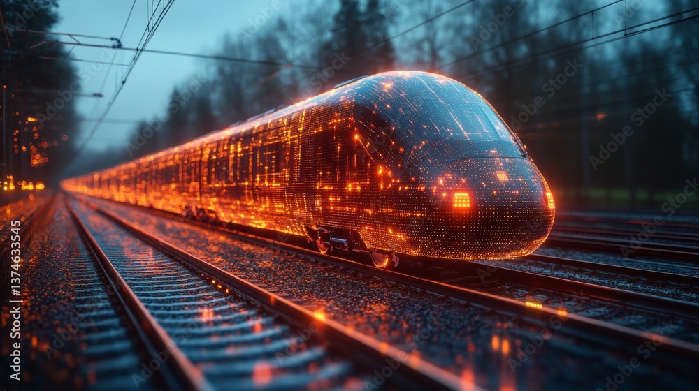 Poster A high speed maglev train designed with glowing digital patterns moves swiftly along the railway tracks as dusk begins to set, showcasing advanced transportation and automation in action.