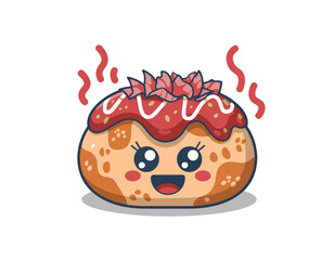 Adorable cartoon takoyaki with shining eyes and a
wide smile, topped with Japanese sauce and bonito flakes, steam rising, kawaii style, soft pastel colors, white background, cartoon style
