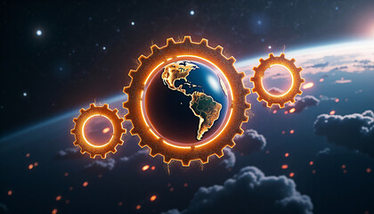 Earth with Gears Representing Industrial Progress in Space - International Workers' Day  