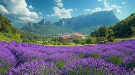 Breathtaking lavender fields stretch beneath the azure sky, enveloping the picturesque landscape with vibrant purple hues in a serene rural setting