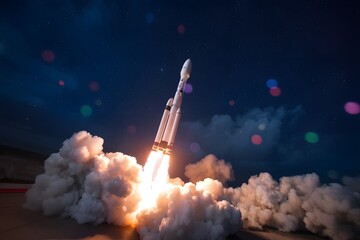 Rocket's Soaring Ascent: A powerful rocket blasts off, propelled by fiery exhaust, as it ascends into the vastness of space against a night sky sprinkled with stars.