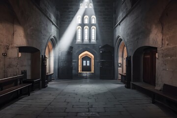 Fototapeta premium Divine Rays of Light: Majestic architecture bathed in ethereal sunlight, casting dramatic shadows and highlighting intricate details. The scene inspires awe and wonder.