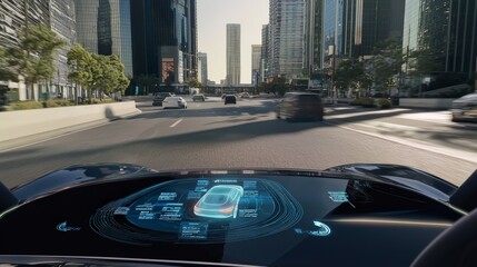 Futuristic Electric Car with AI Navigation in Modern Cityscape