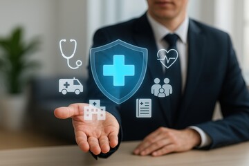 Healthcare Protection: A well-dressed individual, embodying the essence of care, presents a radiant emblem of health, symbolizing a commitment to wellbeing and life assurance.