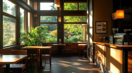 A cozy indoor caf e with warm lighting and wooden d ecor.