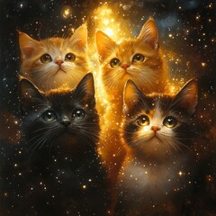 Four adorable kittens gaze up against a starry background, showcasing a blend of colors and a sense of wonder in a cosmic setting.