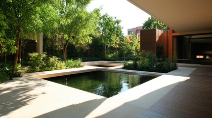 Fototapeta premium A contemporary garden with a minimalist water feature and sculpted greenery.