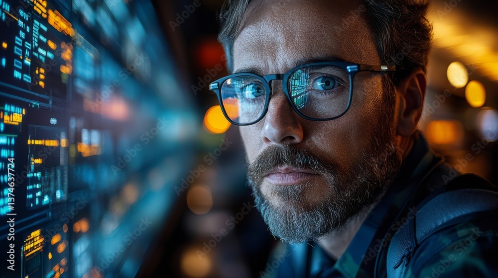Poster a man closely observes data on digital screens in a logistics control room, highlighting the importa