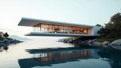 Obraz premium Modern waterfront residence: Serene architectural design seamlessly blending with nature, offering panoramic views and tranquil living.