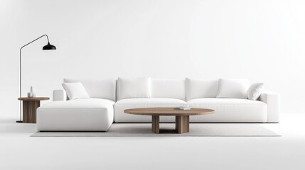 A large sectional couch in a minimalist Scandinavian style living room.
