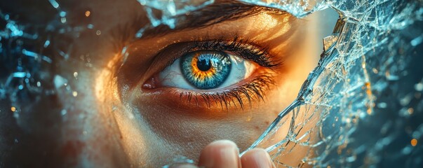 Obraz premium A close-up of an eye breaking through a glass surface, showcasing vibrant colors and intricate details, symbolizing clarity and emotional depth.