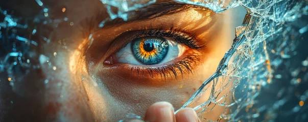A close-up of an eye breaking through a glass surface, showcasing vibrant colors and intricate details, symbolizing clarity and emotional depth. © soysuwan123