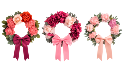 Beautiful floral wreaths in various colors for decoration