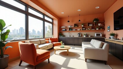 A modern living space with an open-concept design, featuring vibrant furniture and natural light, creates an inviting atmosphere.