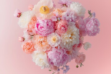 Pastel Peony and Rose Flower Bouquet on Soft Pink Background &ndash; Spring Floral Flat Lay