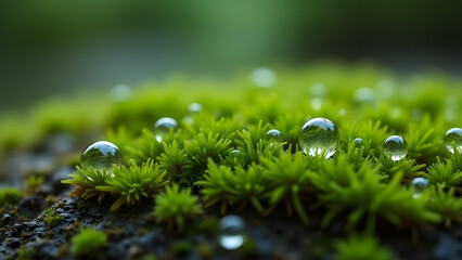 Moss-covered stones become jeweled with countless tiny water droplets magnifying the miniature forest world.