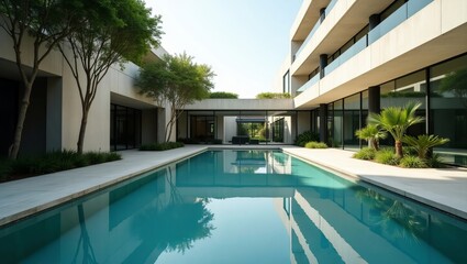 Modern architecture showcases a sleek pool with reflections, set amidst minimalist design and greenery, exuding tranquility and sophistication.