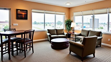 Fototapeta premium Comfortable Lounge Area: A bright room with seating, tables, and a view. Perfect for relaxing, waiting, or socializing in the space.
