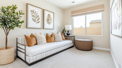 Interior design of beige style living room with furniture, daybed, pouf, hanging decoration on the wall, plant, stool and elegant personal accessories. Home decor. Template. Copy space. 	